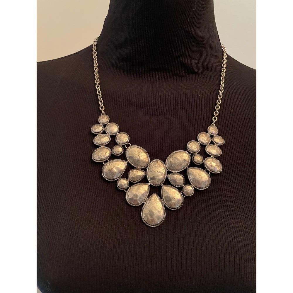 Hammered Silver Tone Bib Statement Necklace Bohemian Teardrop‎ Medallion Tiered